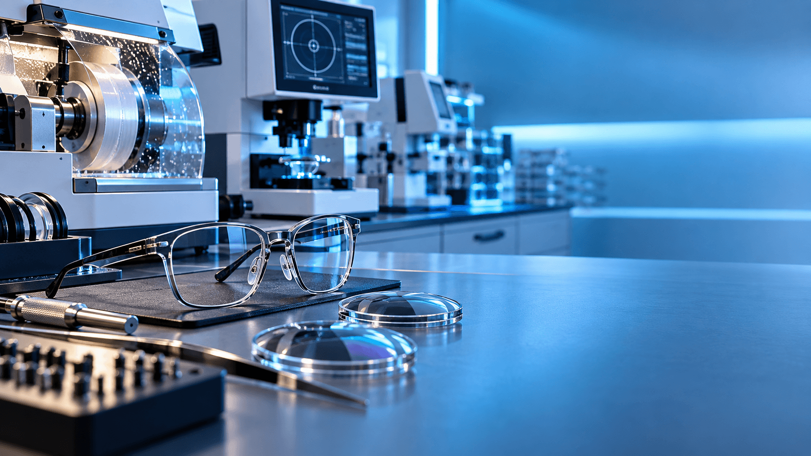 Laboratorio óptico moderno con lentes oftálmicos y equipos de precisión