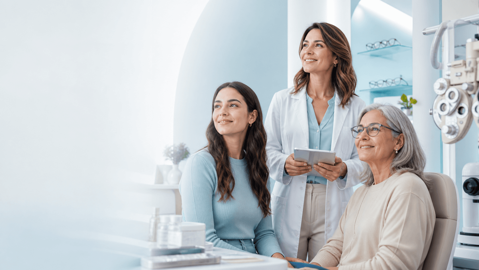 Mujeres en consulta de salud visual en distintas etapas de vida
