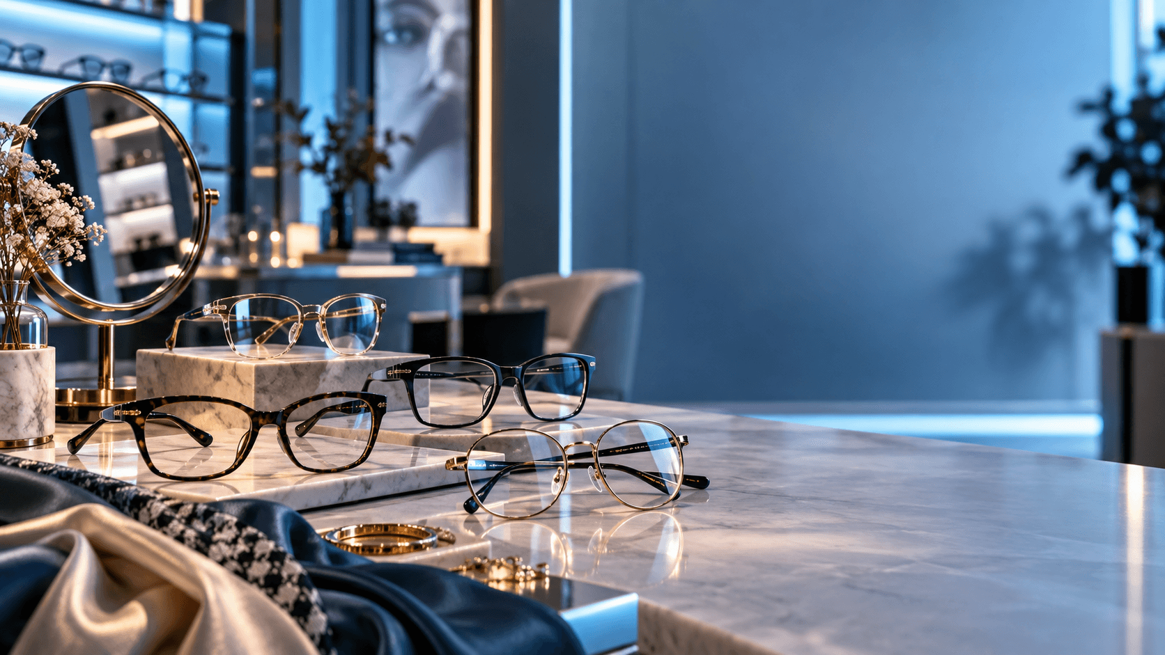 Monturas elegantes en una boutique óptica moderna