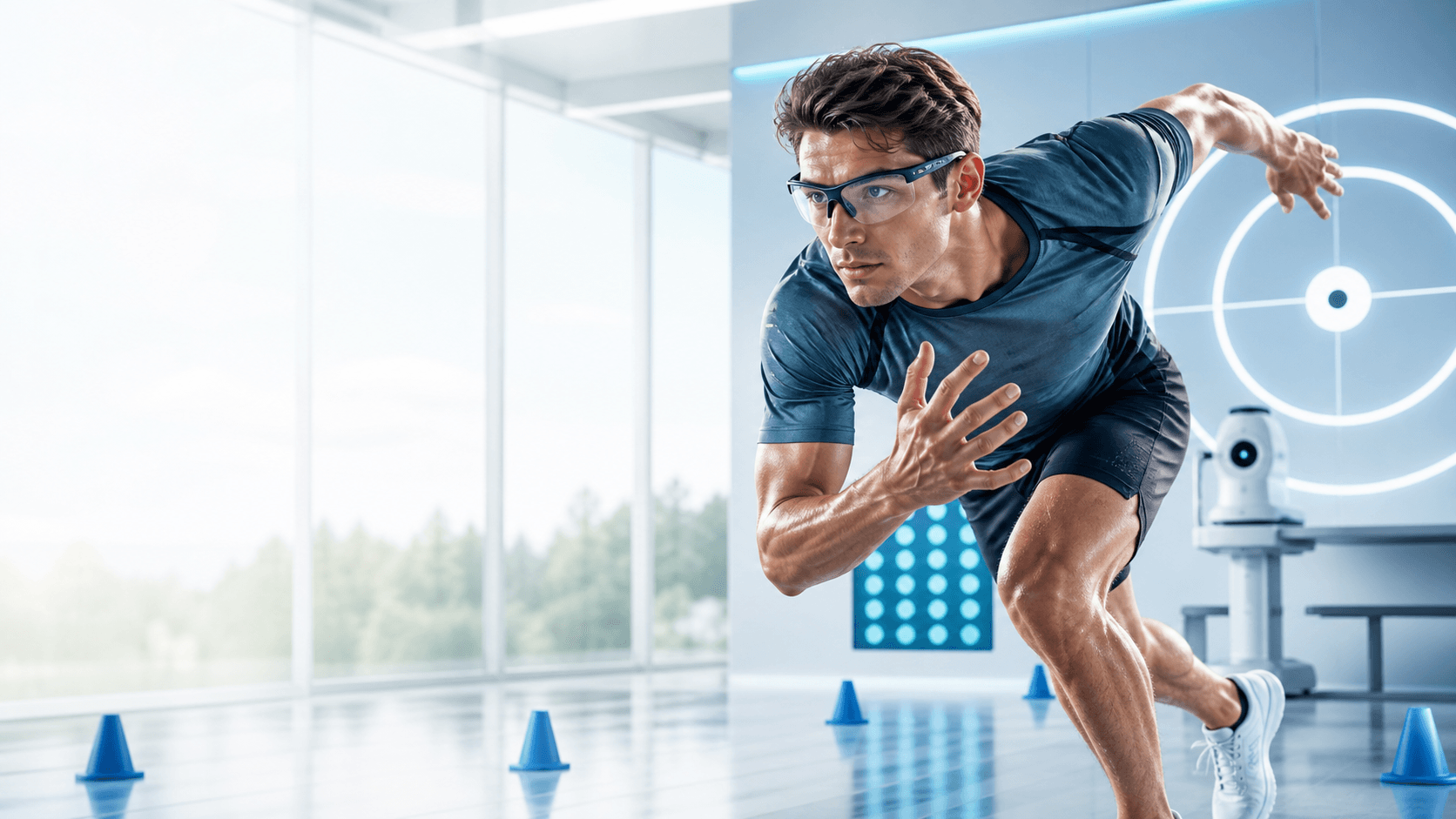 Atleta con protección visual deportiva en entrenamiento