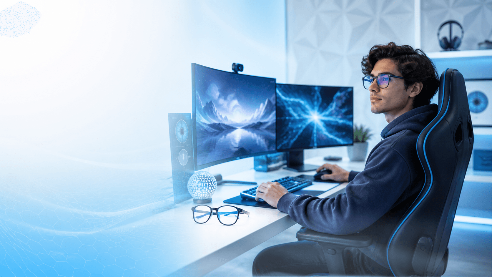Usuario gamer con lentes protectores frente a pantallas